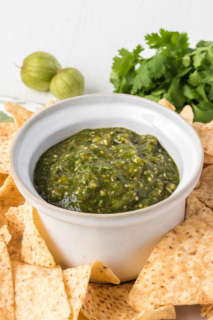 A dish of fresh green salsa.