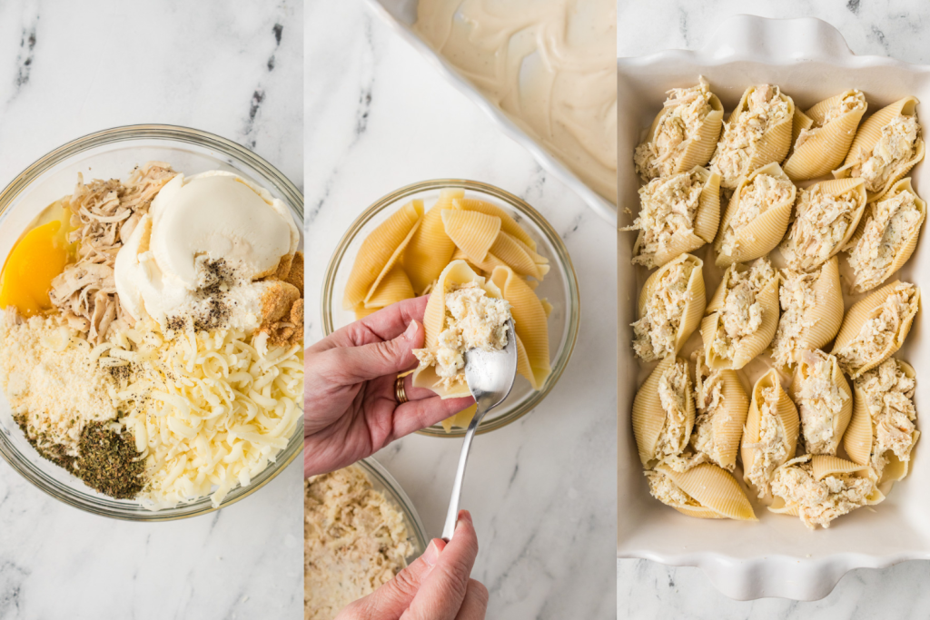 Process photos for Cheesy Alfredo Stuffed Shells with Chicken.
